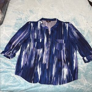 Cocomo Blue and White Boxy Blouse with Mandarin Collar